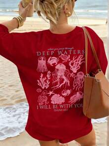 Casual T-Shirt 2026 Marine Animal Print Jellyfish Coral And Phrase Deep Waters Short Sleeve Beach Style Clothing Unisex - 紅色 - 查看 2