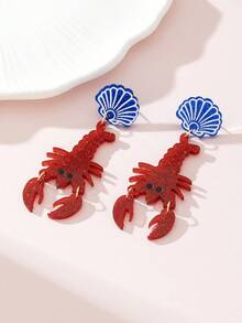 1 Pair Beach Vacation Shell & Lobster Design Fashion Jewelry Earrings, Suitable For Summer Party And Daily Outfit - Red - View 2
