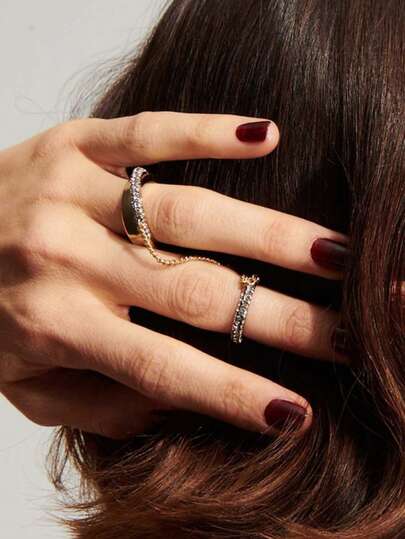 rundraw 2 piezas Nuevos anillos de dedo doble con cadena de cobre de color dorado con incrustaciones de circonita, estilo minimalista y lujoso, adecuado para fiestas, galas, uso diario, regalos para amigos y parejas, talla 6-8