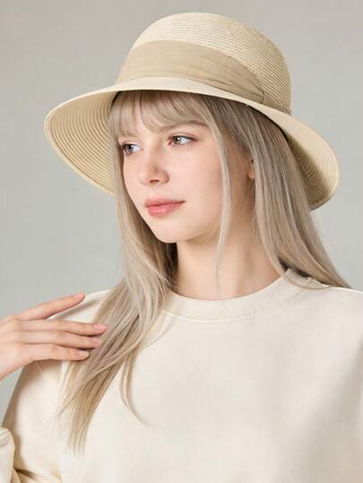 1pc Women's Solid Color Bohemian Casual Retro Palace Style Cute Elegant Street Polyester Solid Color Anti-UV Decorative New Fashion Solid Color Applique Ladies Straw Hat, Spring/Summer