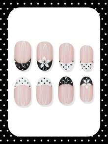 24pcs Short Oval Polka Dot Floral French Fake Nails, Black & White Cute Elegant Nail Tips For Spring/Summer Daily Wear, For Women - Black - View 2