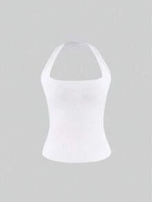 无袖吊带背心，露背设计，细肩带，深V领，修身短款，采用柔软弹力面料，纯白色，性感可爱的美式风格，适合约会、外出、朋友聚会和夏季休闲拍照。 - 白色 - 查看 5