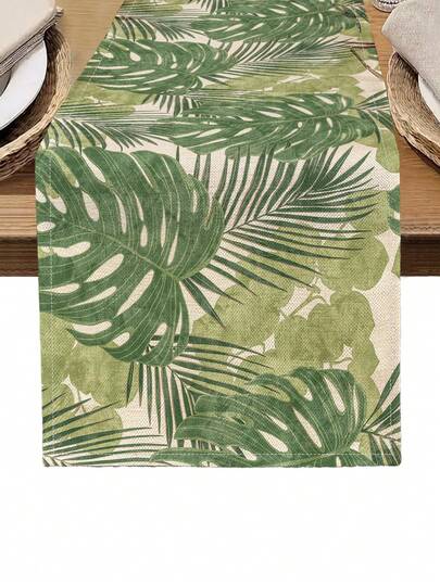 1 Stück tropisches Palmblatt Muster bedruckter Tischläufer, 4 Stücke Palmblatt Muster bedruckte Tischsets, geeignet für Feiertage, Partys, Geburtstage, Abendessen, Küchen- und Esszimmer Tischdekoration, ganzjährig einsetzbar, Heimtextil Dekoration