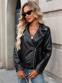 Áo khoác giả da nữ đính đinh tán kiểu moto biker phong cách đường phố, chất liệu PU. - Đen tối - Xem 7