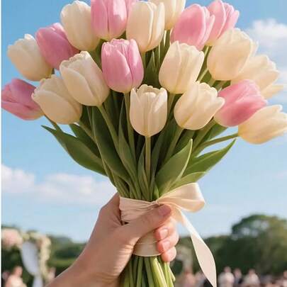 逼真郁金香 - 多种颜色可选，适合客厅和餐桌装饰。抗紫外线北欧风格家居装饰，非常适合周年纪念、派对装饰。也适合作为母亲节礼物、情人节礼物、小礼物、桌面装饰、婚礼、派对、DIY花束、家居装饰、塑料花、装饰品、复活节、情人节花环、婚礼花束、返校房间装饰、学习用品等。