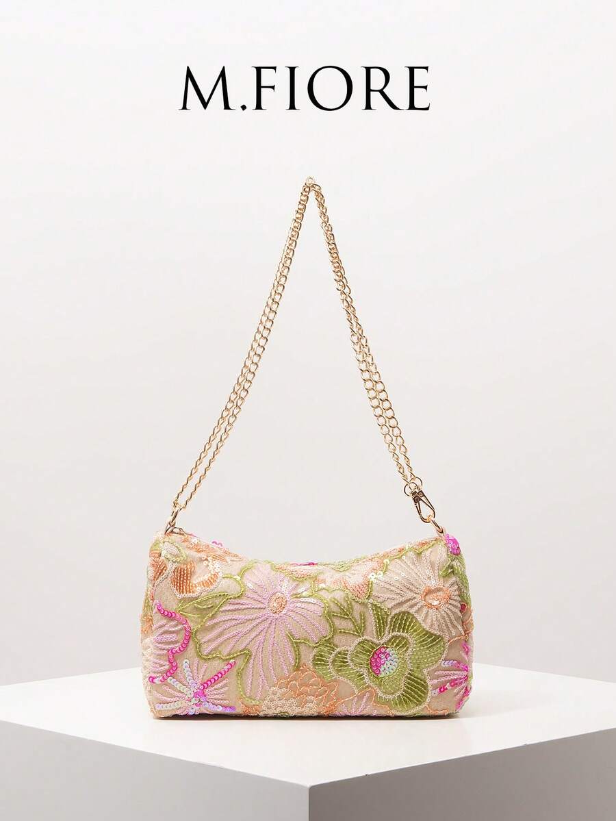 Sequin Floral Embroidered Women's Shoulder Bag, Metal Chain Strap, Suitable For Evening, Party, Wedding - Multicolor - View 1