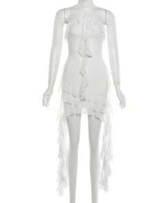 Vestido mini ajustado con escote halter, espalda descubierta, tela de malla transparente, volantes en el bajo y adornos con flecos de YeonC - Blanco - Ver 11