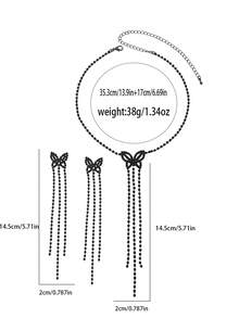 Elegante conjunto de joyería con mariposa, borla y cristal, collar + pendientes largos colgantes, accesorios de lujo para fiestas - Negro - Ver 2