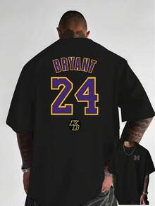 Branded T-Shirt With Personalized Number 24, Creative Lettering, Front And Back Print, Comfortable Fabric, Everyday Short-Sleeved Design, Exclusive Men's T-Shirt For Basketball Fans. - 黑色 - 查看 1