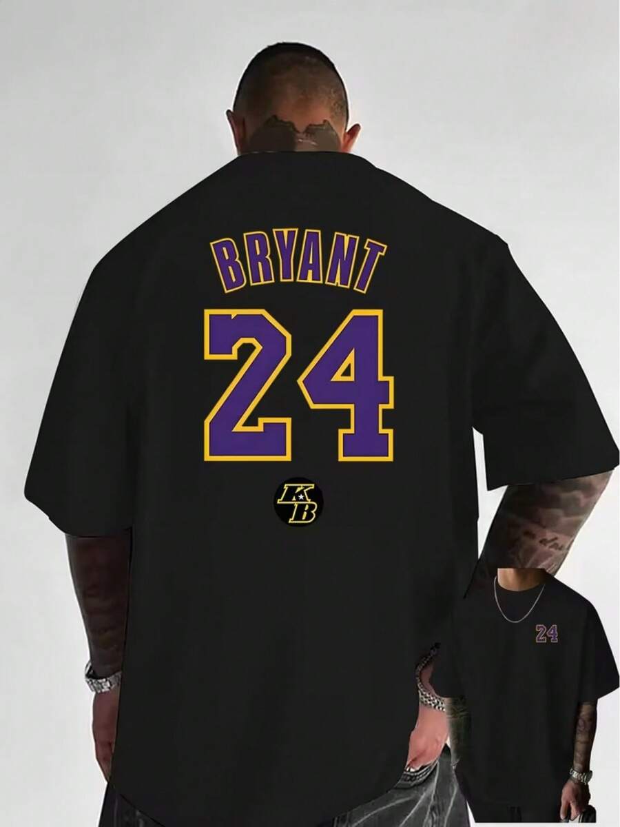 Branded T-Shirt With Personalized Number 24, Creative Lettering, Front And Back Print, Comfortable Fabric, Everyday Short-Sleeved Design, Exclusive Men's T-Shirt For Basketball Fans. - 黑色 - 查看 1