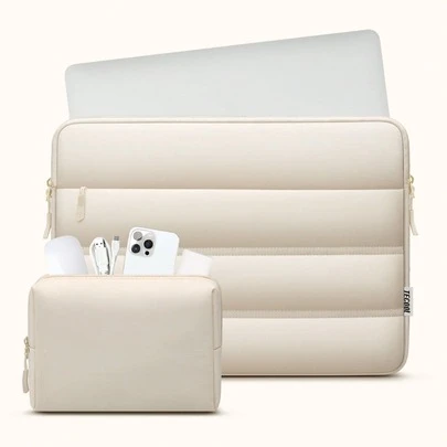 13.3-16 Inch Fluffy Soft Quilted Laptop Sleeve Set With Accessory Pouch, Waterproof Computer Bag Suitable For MacBook Air 13 13.6 15 M4 M3 M2 M1, Pro 16/14/13 M4 M3 M2 M1, 13.3-16 Inch HP Laptops And Other Brands, Beige