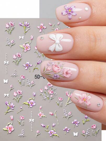 1张5D立体浮雕花卉美甲贴纸 - 自粘彩色花朵美甲贴花，郁金香樱花蝴蝶图案美甲装饰配件，适合女性美甲装饰