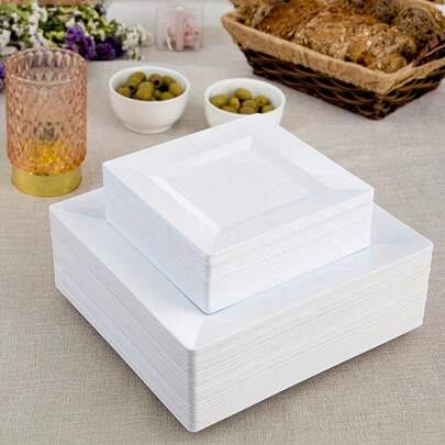 50/25/20/10pcs White Square Dinner Plates - Includes 9.5-Inch And 6.5-Inch Plates, Elegant Party Tableware, Stackable, Reusable And Easy To Clean, Suitable For Outdoor Gatherings, BBQs, Graduations, Western Meals, Family Gatherings, Team Building, Birthday Parties, Weddings, Christmas Parties And Other Occasions.