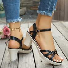1 Pair Women's Summer New Fashion Crystal Pendant One-Strap Comfortable Soft-Sole High Heel Sandals, Minimalist Style Suitable For Casual, Work, And Solid Color Wedding Heels - Black - View 12