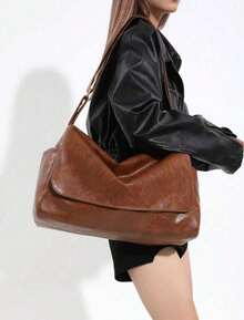 Women's Bag Retro Large-Capacity Bag Women's Autumn/Winter 2024 New Fashion Western-Style Messenger Bag With Simple Texture And Shoulder Tote Bag., Retro Inspired Bag For Women, Perfect For Rodeo Occasion, New Arrival Tote Bags For Woman - 棕色 - 查看 7