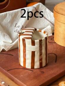 1个竖条纹陶瓷带柄咖啡杯，不对称造型陶瓷杯，简约欧式风格，手工制作，美观实用，可作茶杯、咖啡杯，多用途，保温，适合居家、餐厅、咖啡馆、聚会及礼品。 - 彩色 - 查看 15