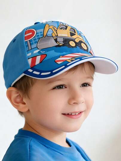 1pc Kids Summer Baseball Cap, Cartoon Excavator Design, Sun Protection Visor Hat For Boys Girls Outdoor Activities, Suitable For 3-7 Years Old