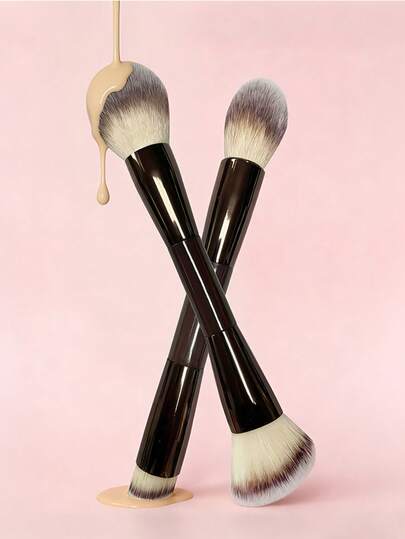 2pcs/Set Dual-Ended Makeup Brushes, Aluminum Tube Piano Lacquer Black Handle, Strong Fiber Bristles, Soft For Blush, Foundation, Powder, Contour, Blending, Makeup Tools