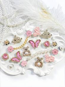 Bộ phụ kiện giày 16 món, màu vàng và hồng, đồ trang trí tự lắp ráp có thể tháo rời bao gồm hoa hồng, đá lấp lánh, gấu bông, nơ, bông tuyết, phù hợp cho giày, dép, quà tặng ngày lễ hoàn hảo. - vàng hồng - Xem 1