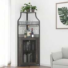 clóset de Esquina para licores con estantes Ajustables, clóset de Barra Industrial 61 Pulgadas, no Empotrado con Puerta de Malla y Soporte de Vidrio para Cocina, Color café rústico. - Roble Fresno - Ver 6