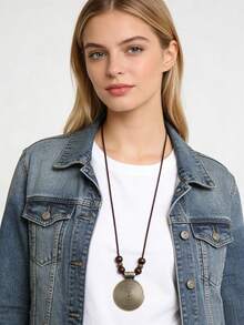 1條女式螺紋木珠和幾何形合金項鍊,復古毛衣鏈 - 銅色 - 查看 3