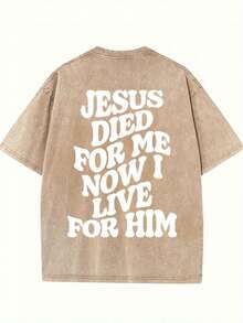 1 Piece 230G Retro T-Shirt For Unisex, JESUS DIED FOR ME NOW I LIVE FOR HIM Print Oversized Cotton Solid Drop Shoulder T Shirts For Men Vintage Streetwear Basic Tees Baggy Hip Hop Unisex Tops Acid Wash T ShirtRound Neck Loose Fit T-Shirt - 卡其色 - 查看 2