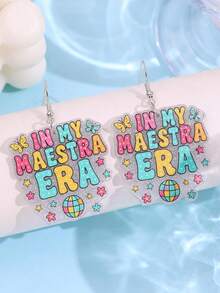 一对可爱创意“In My Maestra Era”彩虹闪光亚克力字母耳环，适合日常、通勤、节日、派对等场合，女士饰品 - 彩色 - 查看 2