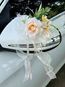 Hochzeitsauto Rückspiegel Blumen Dekoration, Hochzeitsauto Türgriff Satinband Schleifen Blumen Dekoration - 1PC - Übersicht 14