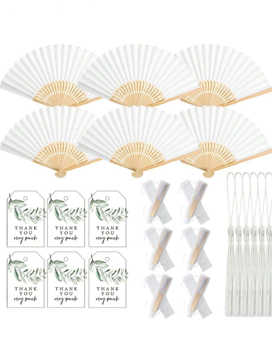 48/24/4件套婚礼派对回礼套装，包含扇子、感谢卡、流苏和欧根纱袋，适合作为宾客礼物、婚礼派对装饰品，以及仪式、比赛和特殊场合的手持降温设备。 - 彩色 - 查看 1