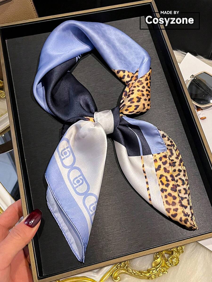 1条复古撞色拼接豹纹27.5英寸方形方巾，男女通用，休闲时尚头饰，围巾，户外防晒配饰，假日旅行必备 - 藍色 - 查看 1