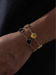 2 piezas Conjunto de pulseras con cadena de trébol clásico en negro y blanco, regalo de cumpleaños de moda minimalista - Blanco y Negro - Ver 9