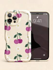 1pc Minimalist Fresh Cherry & Daisy Pattern Full Coverage Cream Wavy Edge Unique Phone Case Suitable For IPhone 11/12/13/14/15/16/17 Pro Max - Multicolor - View 2