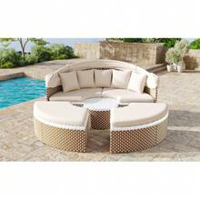 Garden Lounge Chair Set, Garden Island, Rattan Garden Table And Chairs Set, Shell-Shaped Garden Bed, Extendable Canopy, Lift-Top Table, Beige, Cushions And Seat Pads Included - C - View 6
