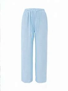 Women's Loose Fit Drawstring Waist Wide Leg Pants, Lightweight Breathable Casual Trousers, Slouchy, Light Blue, Summer Spring - Baby Blue - View 3