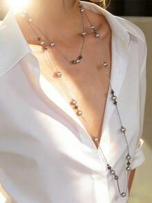 1pc Asymmetrical Long Beaded Necklace, Minimalist Charming Layered Clavicle Chain, Sweater Chain Suitable For Daily & Vacation Wear - Multicolor - View 7