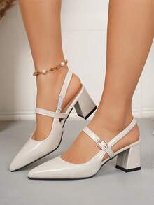 Sandalias de tacón grueso de plataforma para adolescentes, sandalias de punta puntiaguda de cuero, zapatos de estudiante con hebilla de moda y fácil de poner - Beis - Ver 4