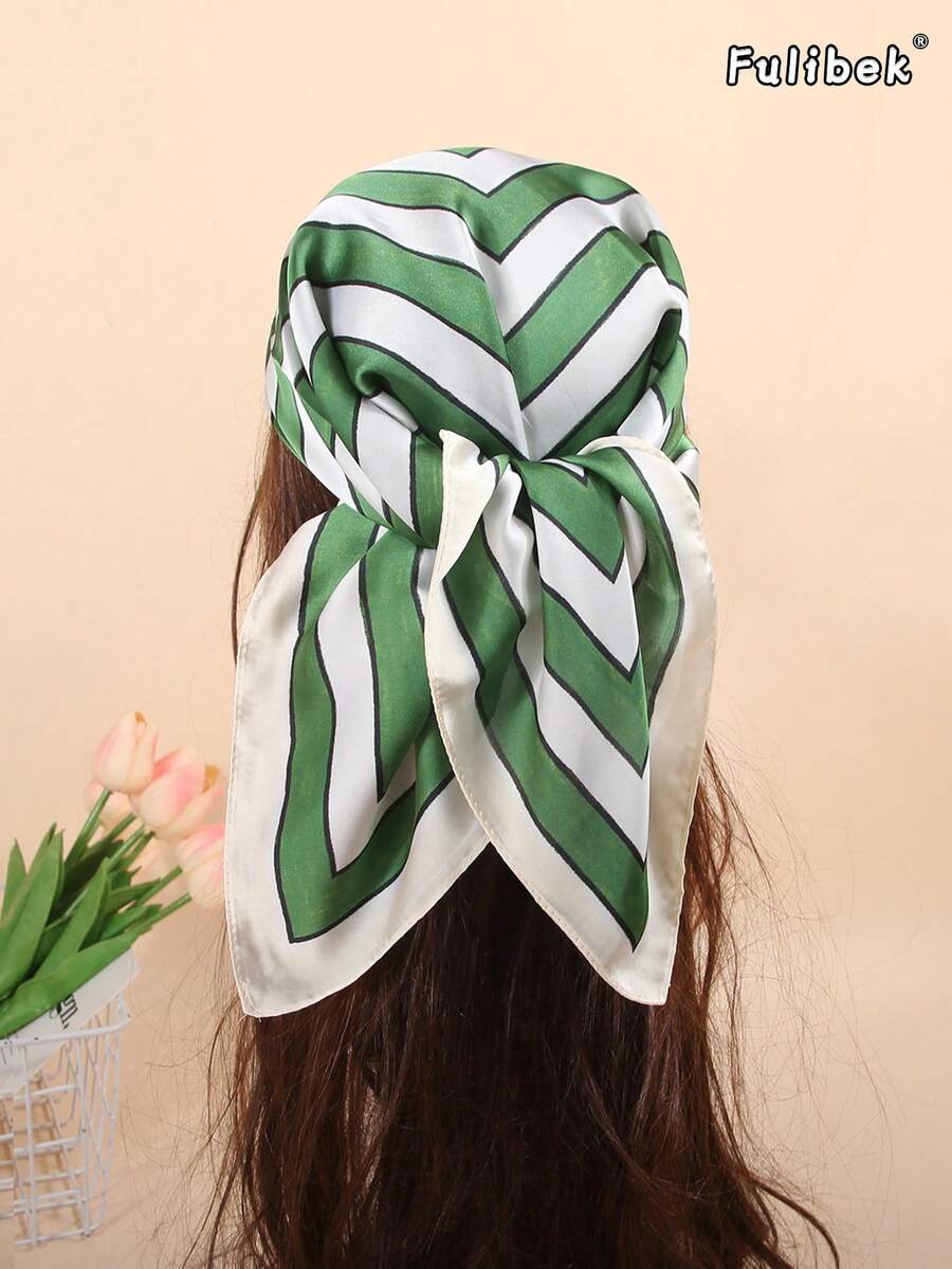 1pc Faux Silk Printed Neckerchief, Versatile Headband/Hair Scarf, Suitable For Daily Use - Green - View 1