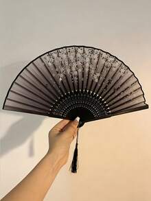 優雅復古中日風竹製摺扇附流蘇 - 夏季便攜手扇，適用於婚禮、派對、送友禮物、開學季、夏季降溫及居家裝飾，黑白花卉圖案設計 - 多色 - 查看 6