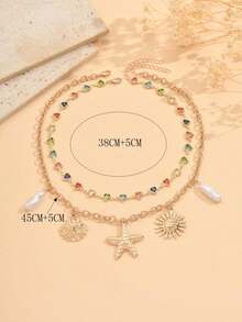 2pcs/Set Summer Ocean Style Pendant Necklace, Fashionable Gold Metal Starfish, Shell, Sun & Faux Pearl Combination Pendant Necklace, Elegant Handmade Heart-Shaped Chain, Suitable For Daily Wear, Beach Vacation, Photography, Adjustable Chain Length - Multicolor - View 3