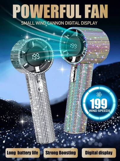 YTWO 2026 Limited Edition Rhinestone Hand-Held Fan, Fashionable Full Diamond Fan, Portable Hand-Held Turbine Fan - Fashionable Full Diamond 1800mAh USB Rechargeable Personal Battery-Powered Mini Pocket Fan For Travel/Outdoor/Vacation/Beach/Outdoor Activities, Powerful Turbine Cooling + 199-Level Adjustable Wind Speed, Essential Cooling Appliance, Ergonomic Non-Slip Handle, LED Display For Power And Wind Speed, Multi-Level Adjustable, Compact And Portable, High-Aesthetic Fashion Design