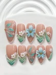 10件套森林乡村风凝胶美甲套装，包含亚克力美甲贴纸、手工蓝色波点五瓣花美甲装饰、白色不对称山茶花、手绘蓝色镂空花卉、纯色水波纹美甲装饰、蓝绿色指甲油，甜美仙女风，内含美甲工具（1张果冻贴纸+1个指甲锉），三种尺寸可选：方形、短方形、杏仁形 - 彩色 - 查看 13