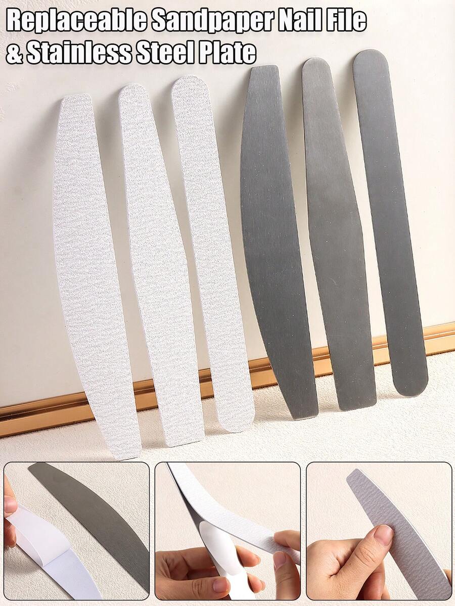 Replaceable Nail Buffing Strip Tool Set, Including Detachable And Replaceable Nail Files & Stainless Steel Nail Plates, Half-Moon Shaped, Diamond Shaped And Straight Nail File Strips, Reusable, Nail Trimming And Polishing Tools, DIY Nail Salon Supplies. - Multicolor - View 1