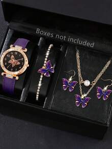 5pcs/Set Quartz Watch, Butterfly Pendant Necklace, Earrings, Bracelet Jewelry Set, Fashionable & Versatile - B - View 4