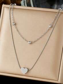 1pc Simple And Fashionable Gold-Plated Stainless Steel Snake Bone Bead Chain Layered And Stacked Three-Dimensional Heart-Shaped Pendant Jewelry Collarbone Necklace - Love - View 9
