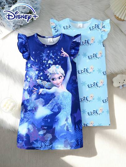 Disney Tween Girl Dual-Wind Nightgown: Summer Ice And Snow Theme Sleepwear. Dual Design: The Deep Purple Version Recreates The Ice And Snow Magic Style, With A Dark Tone Star + Ice Crystal Texture, Creating A Cool And Stylish Atmosphere; The Light Blue Version Is Fully Allover Print With Portrait + Snowflake Logo, With A Fresh And Sweet Vibe. Both Feature Ruffle Sleeves + Breathable Fabric Suitable For Summer Home Wear, Offering Girls A Sweet And Cool Dual Choice For Staying At Home In The Summer.