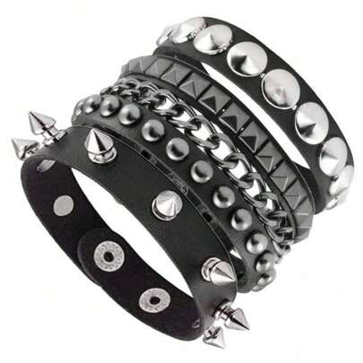 1/3 件套黑色哥特式 PU 皮革铆钉朋克哥特手链，男女通用