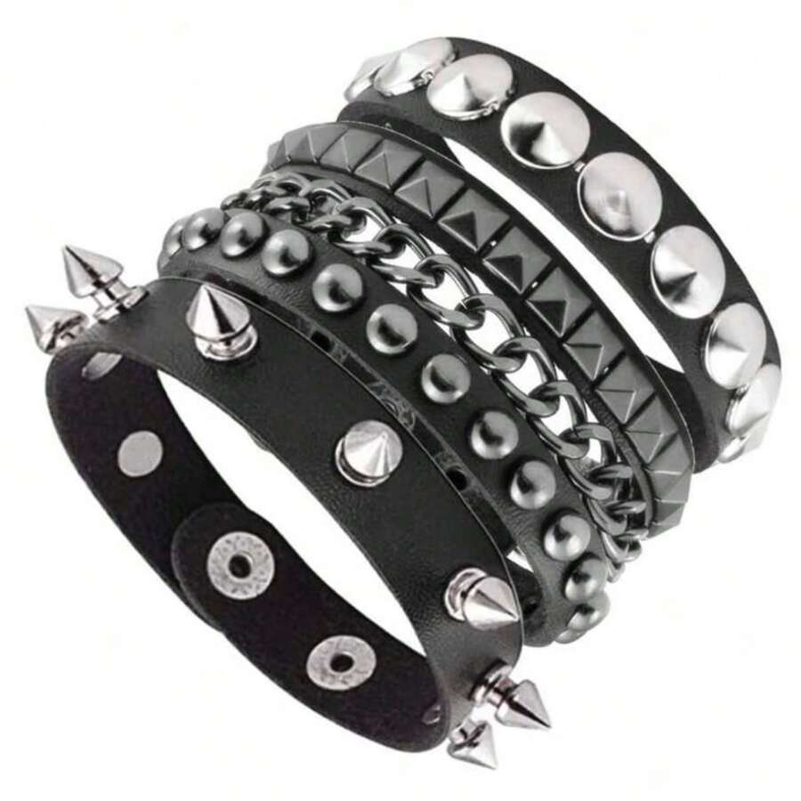 1/3 件套黑色哥特式 PU 皮革铆钉朋克哥特手链，男女通用 - 黑色#1 - 查看 1