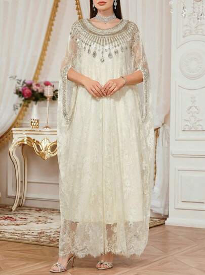 Solessence Elegant Lace Fabric Spliced With Luxurious Pearl Embroidered Collar Floral Decor Young Women's Fashion Dress