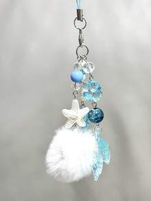 1pc [Ocean Blue Deep Space Mermaid Tail] Pom Pom, Starfish, Shell Phone Charm, Clover Pendant, Blue - Blue - View 2