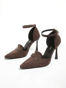 Zapatos de tacón alto de punta cerrada de color negro brillante, tacones de aguja sexy con diseño hueco y punta puntiaguda para mujeres - Marrón - Ver 3